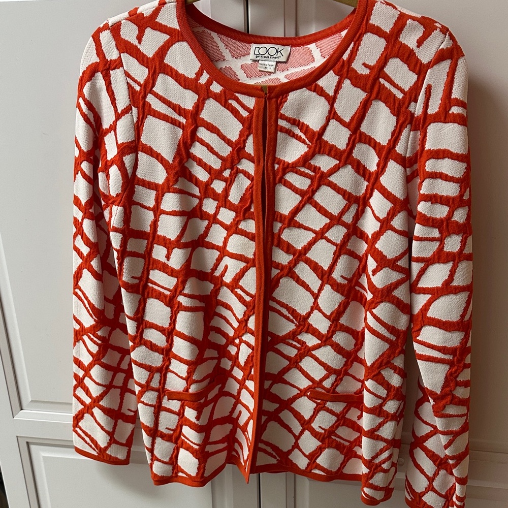 Women's Orange & White Patterned Open-Front Cardigan